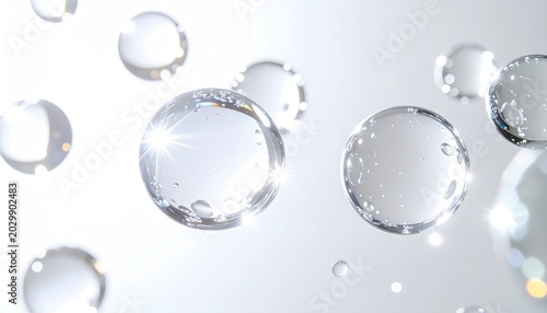 Crystal clear liquid spheres suspended in bright, airy space