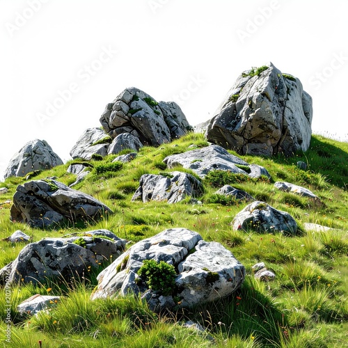 Grassy hillside dotted with weathered boulders, bathed in bright light