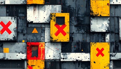 Abstract geometric pattern with red crosses and colorful shapes.