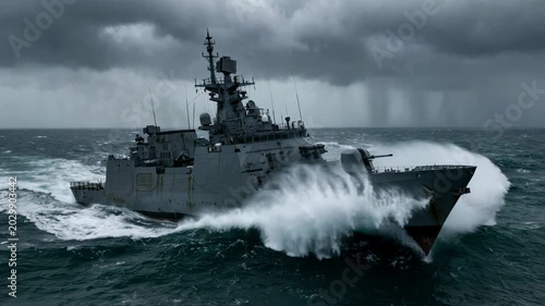 Military warship navigating a dramatic ocean storm. A naval frigate battles large waves under dark stormy clouds on a maritime mission
