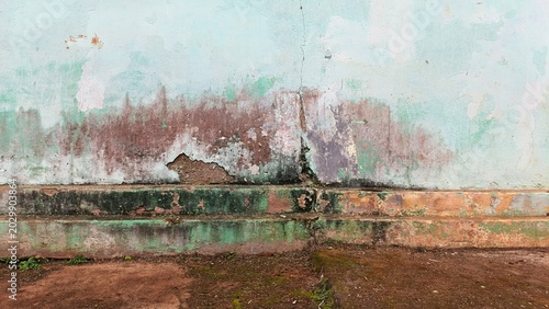 A flat full-frame background image of a dilapidated house wall showing a crumbling plaster facade, exposed brick undertone, and heavy reddish-brown moisture stains.