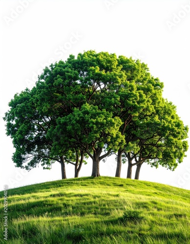 A cluster of lush green trees crowns a vibrant, sun-drenched grassy hill