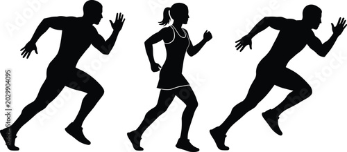 Foto Male and female runner silhouettes in sprint motion isolated on white background