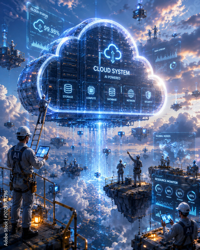 AI Cloud Computing Miniature Workers Building AI Cloud Computing Future Infrastructure