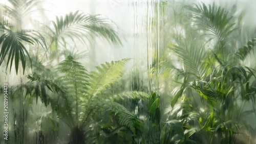 Green palm and fern leaves behind a foggy window with condensation. Serene panoramic nature background for a tropical spa or wellness concept
