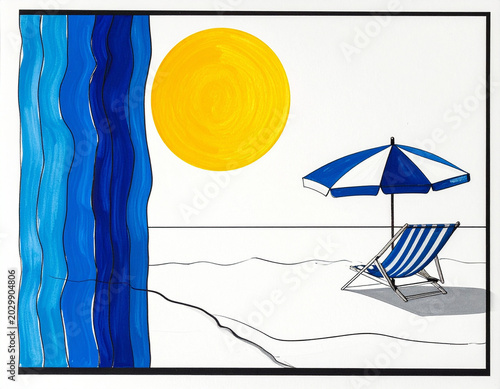Sun shines over a beach with a blue umbrella and lounge chair set on white sand near the water on a clear day Generative AI