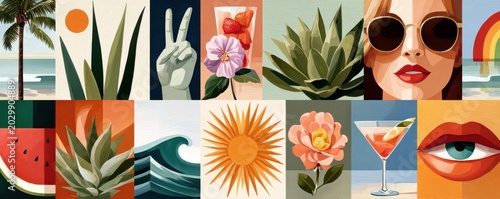 Vibrant colorful graphic art grid collage of summer icons and retro beach illustrations