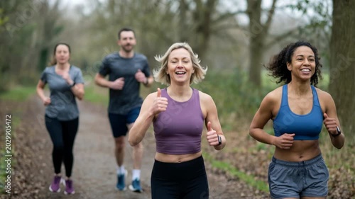 Happy caucasian and black adult women running with friends in a park. A diverse group enjoying a healthy lifestyle and fitness training. Composite sequence showing a jogging workout