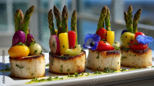 Seared scallops with asparagus and cherry tomatoes as elegant appetizers, scallops