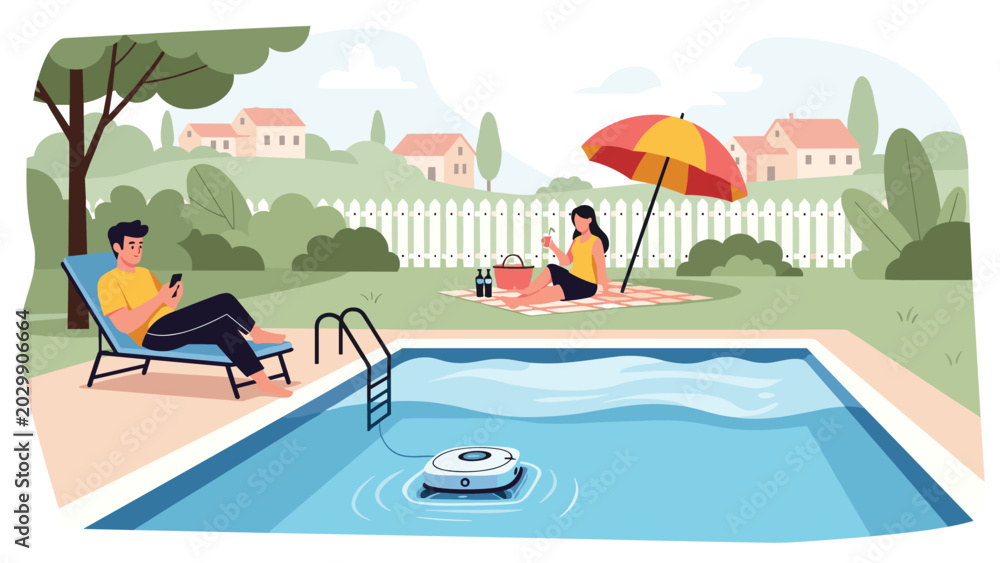 Obraz premium People enjoying a relaxing day by a backyard swimming pool while a robotic pool cleaner works to keep the water clear.