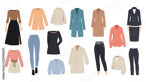 Selection of stylish women's clothing including coats, jackets, skirts, pants, and blouses presented as flat illustrations.