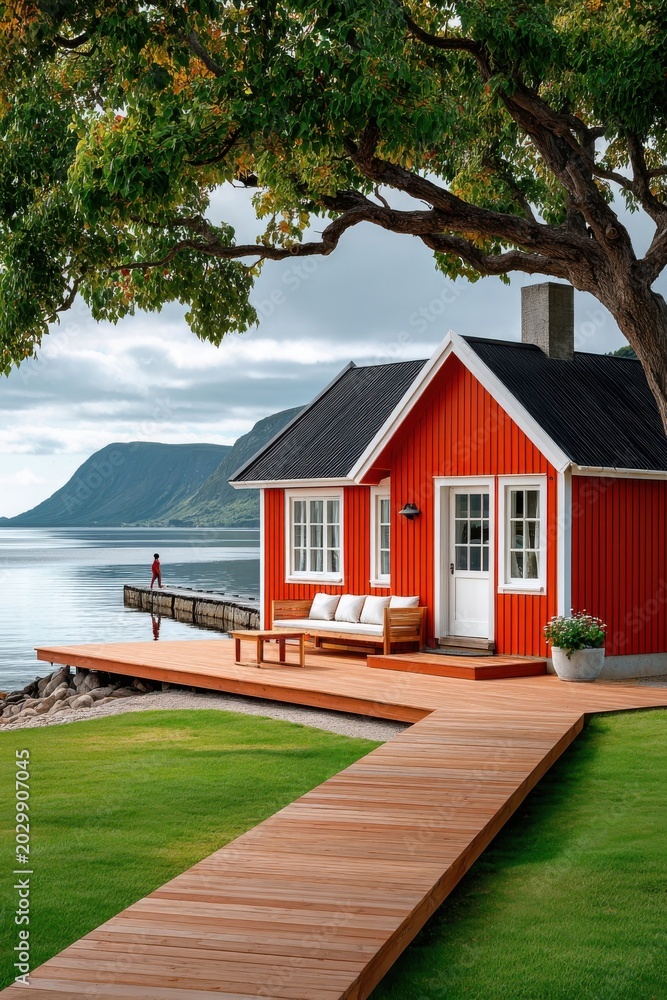 Obraz premium Red cabin by the lake with wooden deck, dock and mountain view in a serene coastal setting