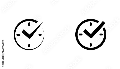 Modern clock outline icon with check mark style in minimalist black line design. Ideal for time management, schedule, productivity, reminder, deadline, alarm, and business applications.
