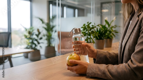 Woman holding a reusable water bottle and an apple in a modern office, promoting healthy habits at work.