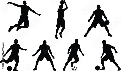 Foto Sports Silhouettes Collection Featuring Basketball and Soccer Players in Action