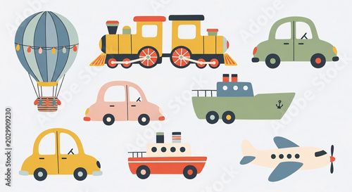 Colorful cartoon transportation icons for kids.