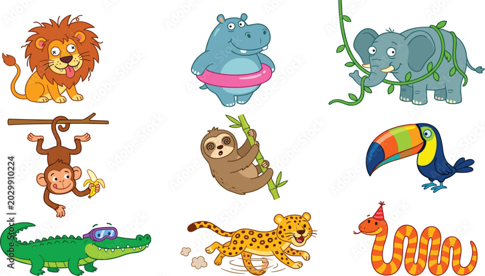 Obraz premium Cute Wild Jungle Animal Cartoon Character Collection Set Featuring Lion Hippo Elephant Monkey Sloth Toucan Crocodile Cheetah and Snake Illustrations