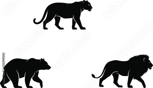 Photography Wild Animal Silhouettes Collection Featuring Lion Bear and Panther Walking Poses