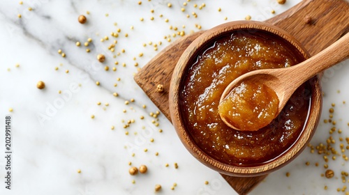 A top-down composition of apple chutney in a bowl with a wooden spoon resting on the edge, placed on a white marble surface with scattered mustard seeds