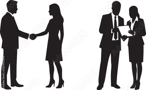 Quadro su tela Professional business people silhouettes shaking hands and reviewing data docume