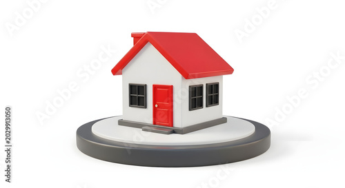 Stylized three dimensional house model on a gray base with a white wall and red roof