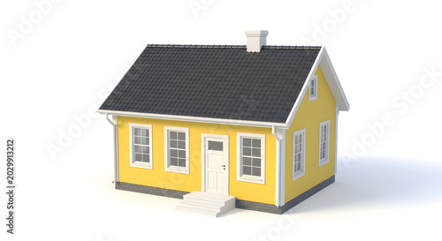 Yellow cottage with black roof and white trim on a white background 3d rendering