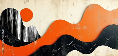 Panel kuchenny z motywem Abstract artwork features flowing orange shapes layered with black and striped forms. A red sun or circle shape sits above textured beige background. Modern graphic design.