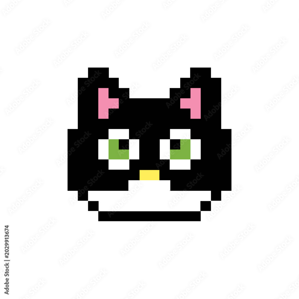 Fototapeta premium Cute pixel art black and white cat face, a charming minimalist digital illustration for icons or avatars