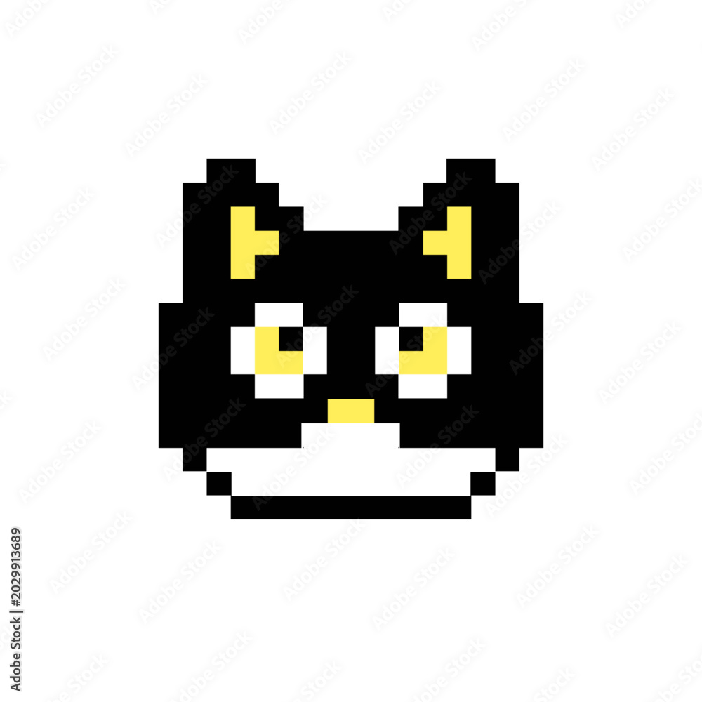 Fototapeta premium Pixelated black and white cat face with yellow eyes, a charming retro 8-bit digital pet avatar icon