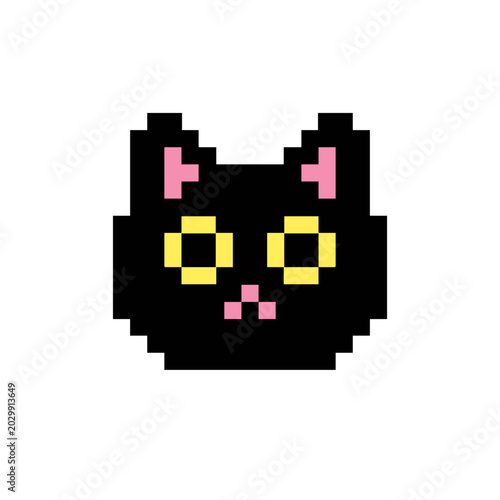 Adorable black cat face rendered in classic pixel art, perfect for nostalgic gaming assets or digital pet avatars