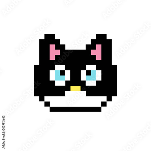 A charming and playful black and white pixel art cat head illustration, ideal for digital avatars, retro gaming themes, or minimalist graphic design projects