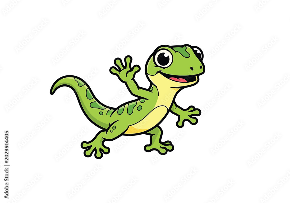 Obraz premium Cute cartoon green gecko waving