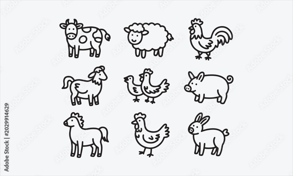 Fototapeta premium Farm animal naive folk line art icon set vector illustration