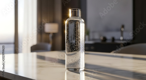 A clear glass bottle with water droplets sits on a white marble table indoors.