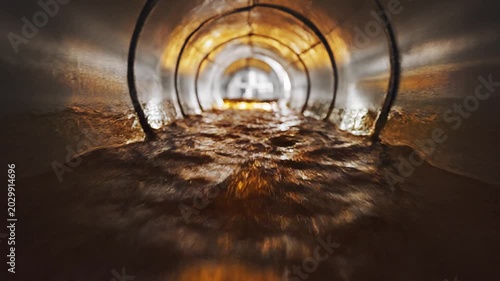 A dark tunnel with crude oil flowing through it, illuminated by warm light with a 4K resolution, against a backdrop of industrial infrastructure.