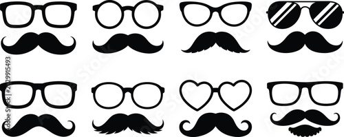 Obraz na plátně Mustache, and glasses icon set, stylized eyeglasses sunglasses mustaches and beards for photo booth props and retro design themes