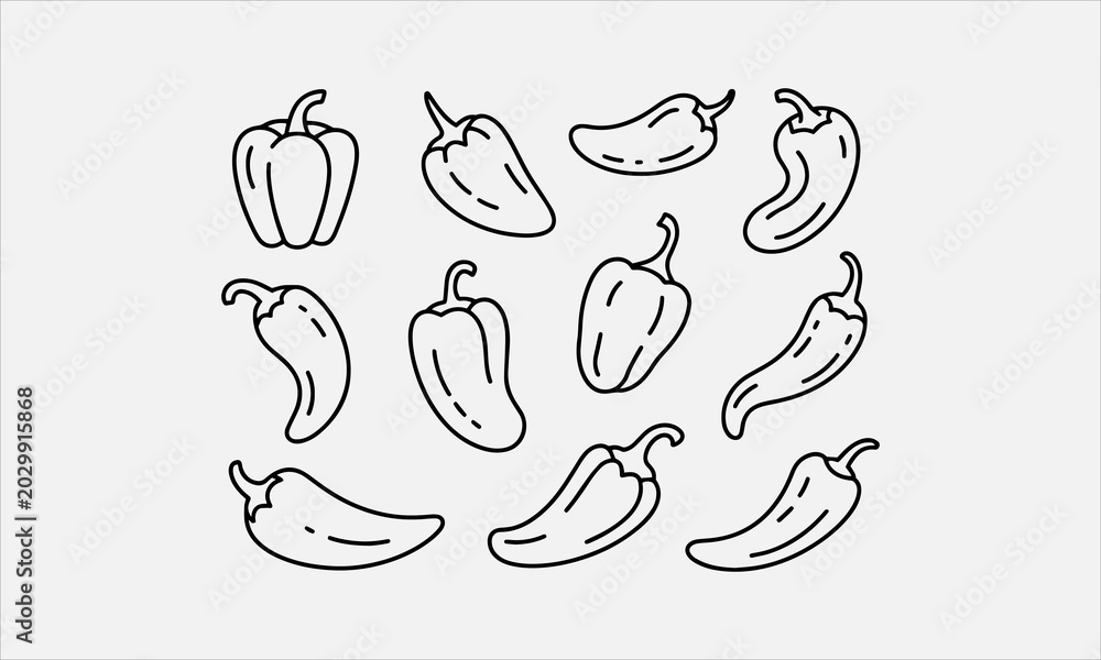 Obraz premium Pepper elements set outline sketch line art icon set vector illustration