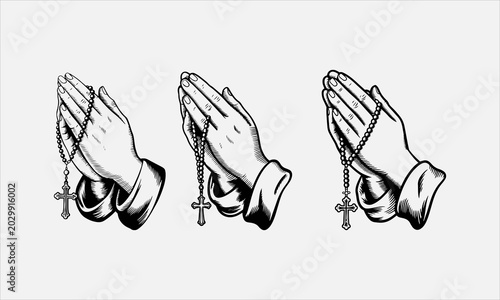 Tableau sur toile Praying woman Hands with rosary cross