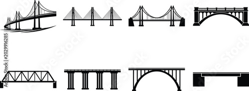 Obraz na płótnie Black and white line of various bridge types and structural beams truss arch sus