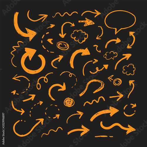 Hand drawn arrow set with speech bubble and doodle elements