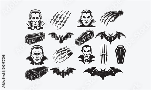 Φωτογραφία Vintage black and white line art icon set of Dracula's face, claws, coffin vecto