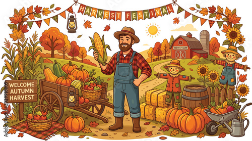 Foto Countryside organic farming landscape with welcome autumn harvest sign pumpkins