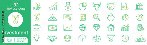 Photography Set of 32 Investment icons Each icon will be different,create a vector outline icon using white background and Greens color