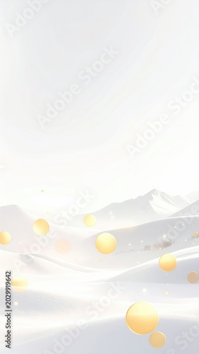 Ethereal, soft-focus scene with golden spheres floating over white dunes and mountains