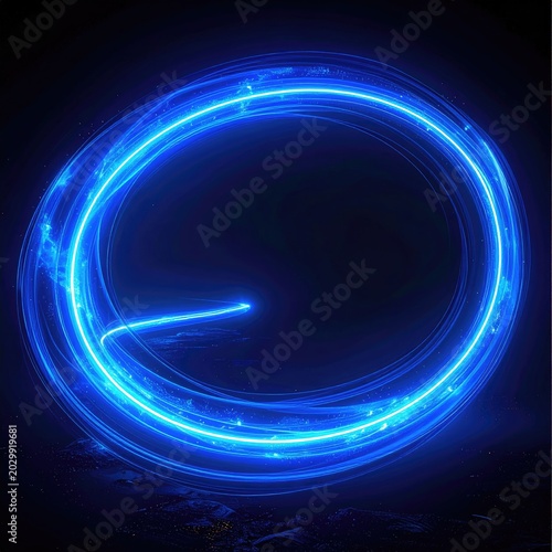 A bright blue neon light streak forms an abstract circular pattern against darkness