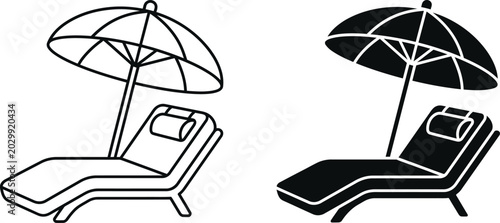 Beach chair with umbrella vector icon set featuring outline and black silhouette styles isolated on white background