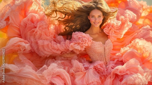 Woman in flowing coral gown, sunlit hair