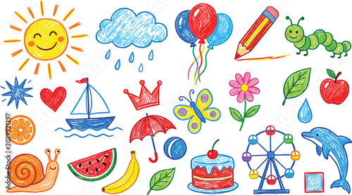 Hand drawn colorful crayon doodles and icons set for children education creative school projects and scrapbooking