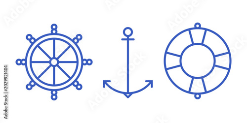 Lifebuoy, anchor and ship's rudder. Marine theme vector icon set. Contour vector illustration.