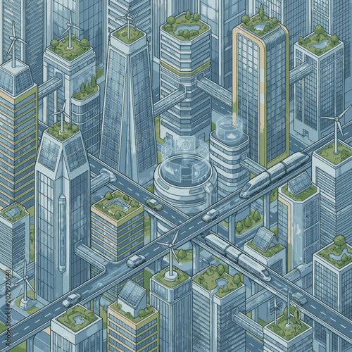 Quadro em tela Futuristic isometric cityscape with green rooftops, high-speed trains, and wind turbines, representing a sustainable urban environment